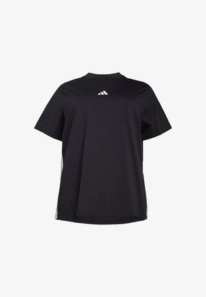 Black short-sleeve t-shirt made of soft fabric, featuring a white horizontal accent on the sides and a white logo on the chest.