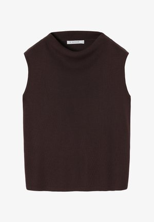 Ärmelloses braunes Strickoberteil mit hohem Kragen. Verfügt über eine glatte Textur und eine lockere Passform mit geradem Saum. Etikett auf der Rückseite.