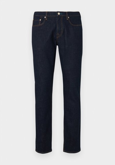 Fraldas de ganga escuras com um design de perna reta, apresentando costuras em contraste, estilo de cinco bolsos e um fecho de botão na cintura.