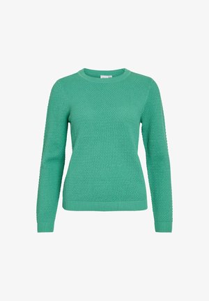 Suéter verde de punto con un diseño texturizado, cuello redondo y puños y dobladillo acanalados. Manga larga y silueta ajustada.