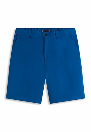 Pantaloncini da uomo blu su misura con passanti per cintura, tasche laterali e chiusura frontale con bottoni su sfondo bianco.