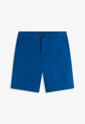 Pantaloncini da uomo blu su misura con passanti per cintura, tasche laterali e chiusura frontale con bottoni su sfondo bianco.