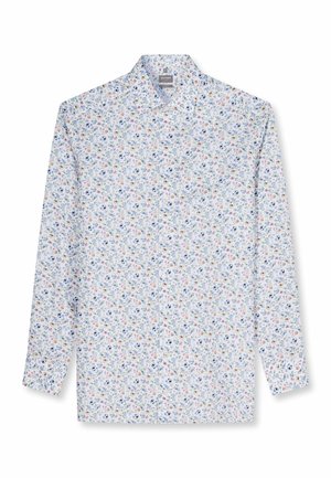 Chemise homme à manches longues boutonnée avec petit imprimé floral bleu et rose sur fond blanc, col italien.