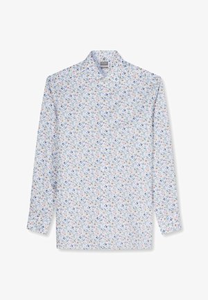 Herren Langarmhemd mit kleinen blauen und rosa Blumenmuster auf weißem Hintergrund, weiter Kragen.