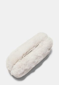White faux fur clutch with a smooth, fluffy texture, rectangular shape, and silver zipper closure along the top seam.