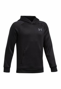 Felpa nera con una texture liscia, dotata di una tasca frontale con zip, polsini a coste e un logo a contrasto sul petto.