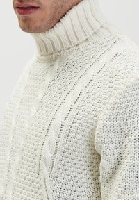 Chunky witte gebreide trui met een hoge ribbelkraag, voorzien van een textuurpatroon en kabeldetails over de voorkant en mouwen.