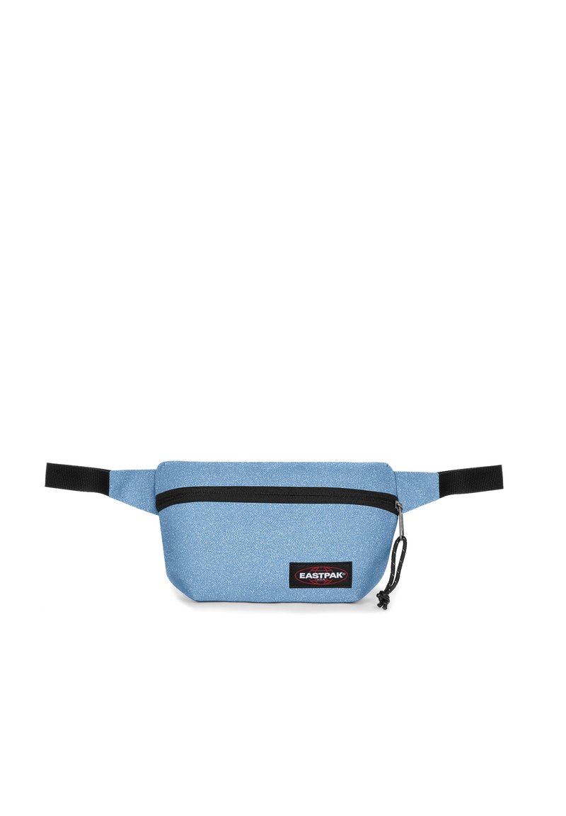 Marsupio in tessuto blu con finitura lucida, cerniera nera, cintura regolabile e patch con logo frontale. Design compatto e snello.