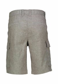 Pantaloni cargo beige realizzati in tessuto testurizzato, dotati di due tasche laterali e di una vita con passanti per cintura. Il design è lungo fino al ginocchio con un taglio dritto.