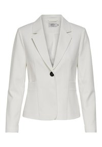 Bílý blazer vyrobený z hladkého materiálu, má klopový límec, jeden černý knoflík a dvě přední kapsy. Úzký střih s dlouhými rukávy.