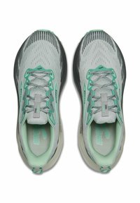 Light grey running shoes with mint green accents, mesh upper, textured surface, and reflective laces. Cushioned sole and padded collar.