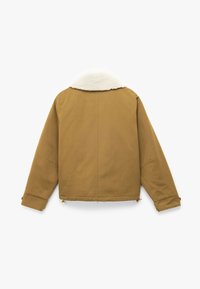 Bruine jas met een faux fur kraag, lange mouwen en een losse pasvorm. Heeft een gladde textuur en een verstelbare zoom met stoppers.