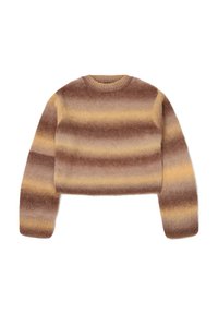 Gekürzter Pullover in Braun- und Beigegrau mit einem weichen, strukturierten Strick. Verfügt über lange Ärmel und einen runden Halsausschnitt.