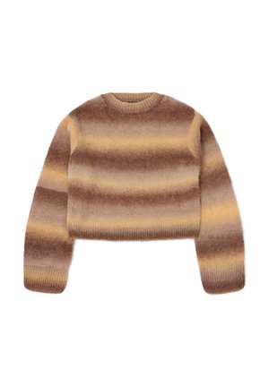 Suéter recortado en degradado de marrón y beige con un suave tejido texturizado. Presenta mangas largas y un cuello redondo.
