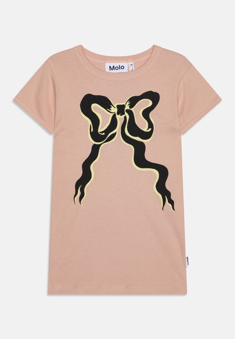 Lys rosa bomulls t-skjorte med et svart og gult sløyfe-grafikk. Korte ermer, rund hals og sydd hem detalj.