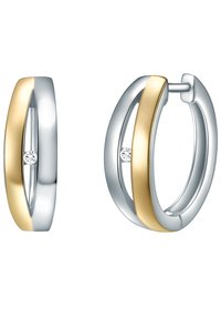 Kruhové náušnice s lesklým strieborným povrchom a zlatým akcentom v zakrivenom dizajne. Obsahuje malý diamantový detail.