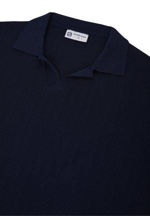 Navy blue polo shirt with a textured knit pattern, featuring a V-neck and a fold-over collar. Label reads "Gabbiano, M."
