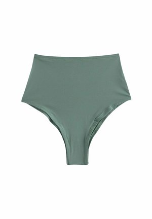 Bikini kalhotky s vysokým pasem ve tlumené zelené tkanině, s hladkou texturou, siluetou zvýrazňující křivky a minimálními švy.