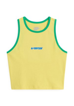 Gul ærmeløs tanktop med grøn kant, der har en blå "Vans"-logo på forsiden, lavet af blødt bomuldsstof.