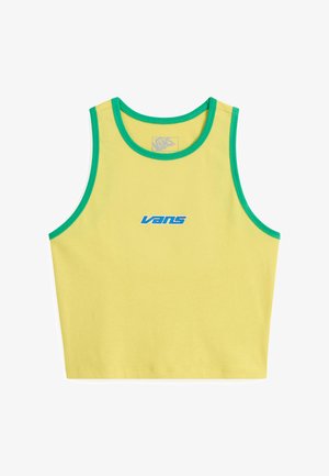 Gul ærmeløs tanktop med grøn kant, der har en blå "Vans"-logo på forsiden, lavet af blødt bomuldsstof.