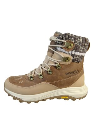 Botas de senderismo impermeables marrones con cuero texturizado, suelas de goma, cuello con patrón gris y blanco, y ojales de metal para los cordones.