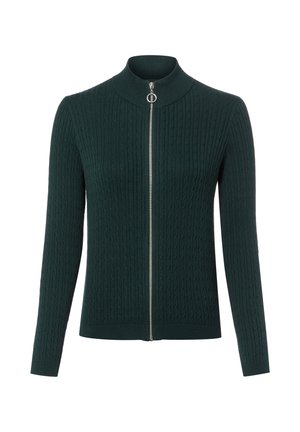 Pull zippé en maille torsadée vert foncé à manches longues et col rond, doté d'une fermeture éclair argentée avec un curseur circulaire.