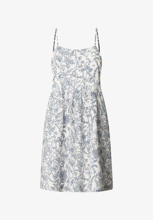 Lillelillelise lillemustriga kleit õhukeste rihmadega, millel on valge taust ja sinised botaanilised mustrid. Struktureeritud kehaosa, millel on kogutud talje.