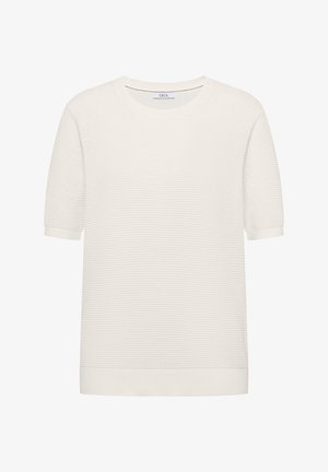 Weißer kurzärmeliger Pullover aus strukturiertem Strick mit Rundhalsausschnitt sowie gerippten Bündchen und Saum.