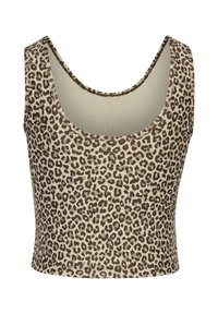 Bruin met luipaardprint crop top met een brede ronde hals en een aansluitend ontwerp. Gemaakt van een zachte, rekbare stof met een gladde textuur.
