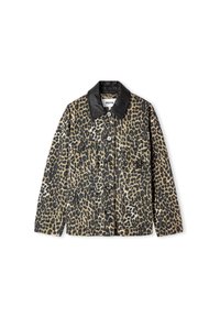 Giacca con stampa leopardo, colletto in finta pelle nera, chiusura a bottone e due tasche frontali. Realizzata in un tessuto testurizzato.