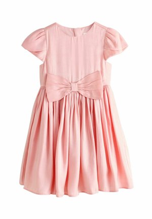 Rosa Kleid mit kurzen Puffärmeln, einem runden Ausschnitt und einer großen Schleife in der Taille. Der Rock verfügt über Falten, die eine volle Silhouette erzeugen.