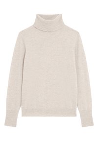 Cremfarbener Turtleneck-Pullover aus weichem, strukturiertem Stoff. Verfügt über lange Ärmel sowie gerippte Kragen und Bündchen. Einfaches, klassisches Design.