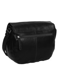 Borsa a tracolla in pelle nera con tasca anteriore con zip, tracolla regolabile, texture morbida e forma strutturata. Finitura liscia e hardware minimale.