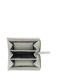 Light gray leather wallet with a zip closure, featuring multiple card slots, compartments, and a textured interior pattern.
