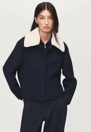Femme aux longs cheveux noirs portant une veste bleu marine avec un large col en fourrure blanc et un pantalon bleu marine assorti, se tenant les mains dans les poches.