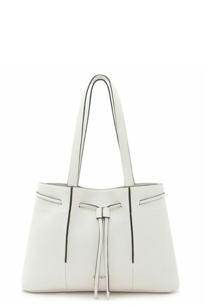 Weiße Leder-Shopper-Tasche mit zwei Griffen, schwarzen Ziernähten, vorderseitiger Kordelzug-Details und dezentem Markenlogo nahe der Basis.