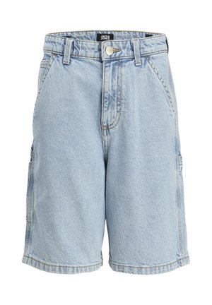 Jasnoniebieskie szorty jeansowe z przednimi kieszeniami, szlufkami na pasek, zapięciem na guzik oraz widoczną metką marki Jack & Jones na pasku.