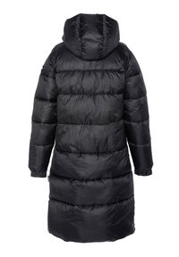 Doudoune noire avec capuche, dotée d'un design matelassé et de poignets élastiques. Le matériau semble brillant et résistant à l'eau.