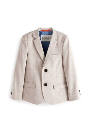 Beiger Blazer aus strukturiertem Stoff, mit zwei dunklen Knöpfen, einer Tasche und einem blauen gemusterten Futter. Mit Reverskragen gestaltet.