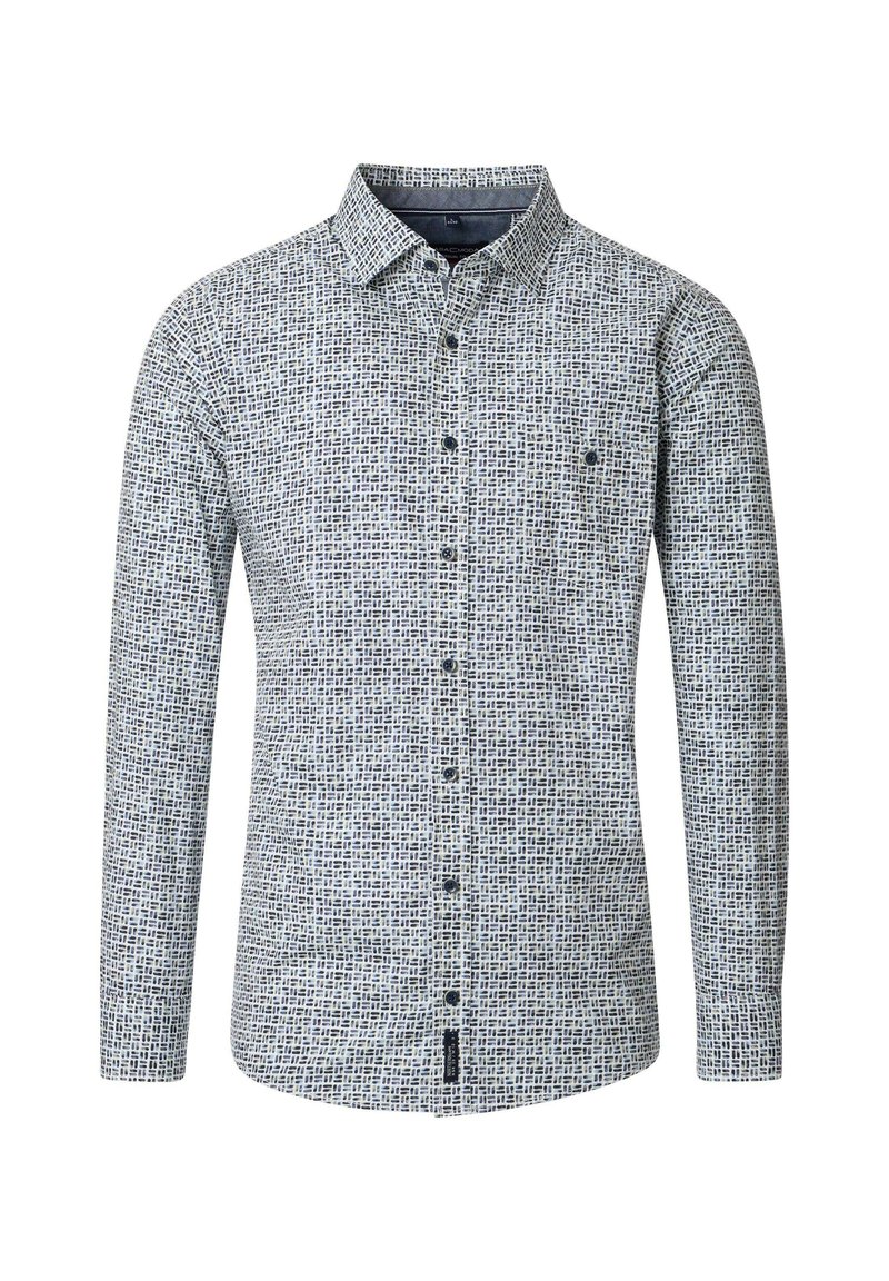 Langarmshirt in het wit en marineblauw met een ruitpatroon. Heeft een button-down kraag en een enkele borstzak. Gemaakt van geweven stof.