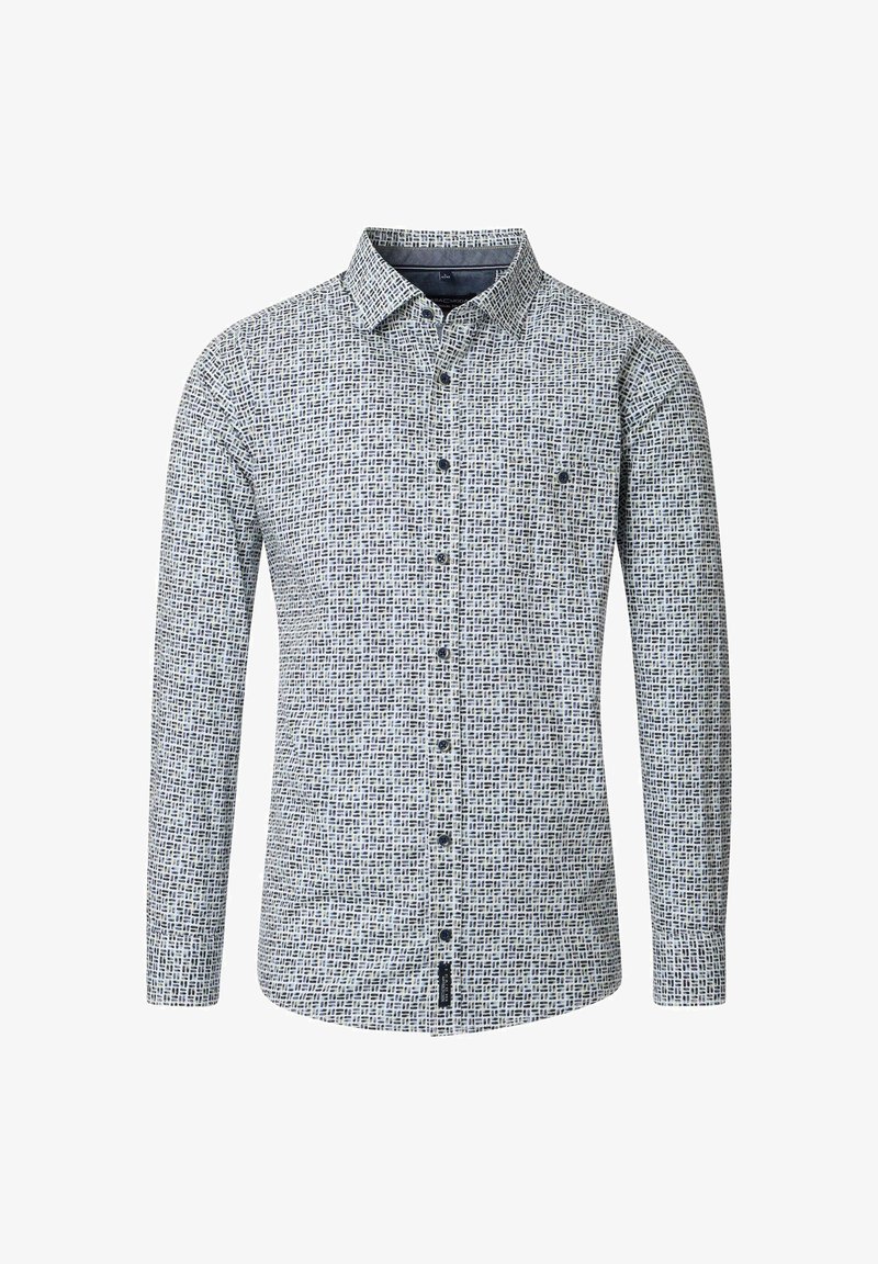 Langarmshirt in het wit en marineblauw met een ruitpatroon. Heeft een button-down kraag en een enkele borstzak. Gemaakt van geweven stof.