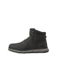 Botas de tobillo de cuero negro con un cuello acolchado, diseño de cordones, suela de goma gris y detalle de logo en el lateral. Presenta costuras reforzadas.