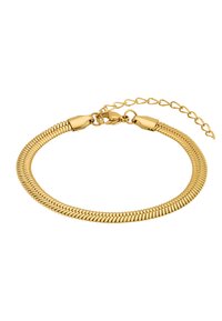 Gullfarget armbånd med et fleksibelt, segmentert design som har lås og justerbar kjede for størrelse. Glatt, blank finish.