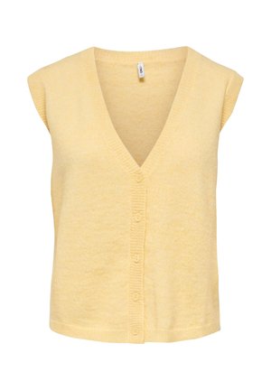 Ärmellose, hellgelbe Strickjacke mit V-Ausschnitt und vorderer Knopfleiste, gefertigt aus weichem, strukturiertem Stoff.