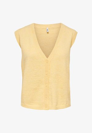 Bezrokains blāvi dzeltenas krāsas adīts kardigans ar V veida kakla izgriezumu un priekšējo pogu aizdari, izgatavots no mīksta teksturēta auduma.