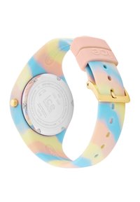 Montre en silicone de couleur pastel avec un motif tourbillonnant, boucle rose et finitions dorées. Comprend un dos en métal avec des détails gravés.