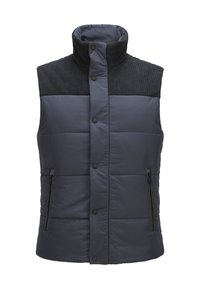 Navyblauer Steppweste mit einem gerippten dunkelgrauen Kragen, vorderen Druckknöpfen und zwei seitlichen Reißverschlusstaschen. Gepolsterte Textur über das gesamte Kleidungsstück.