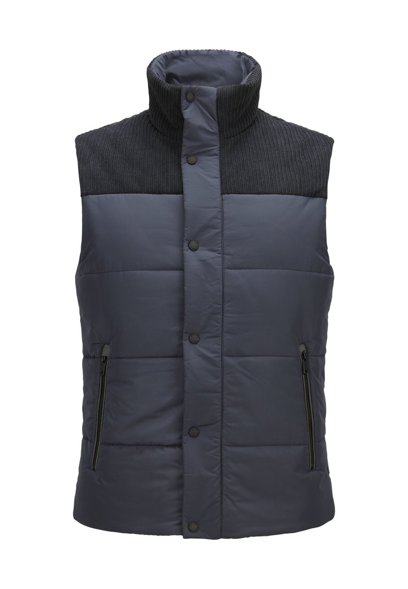 Navyblauer Steppweste mit einem gerippten dunkelgrauen Kragen, vorderen Druckknöpfen und zwei seitlichen Reißverschlusstaschen. Gepolsterte Textur über das gesamte Kleidungsstück.