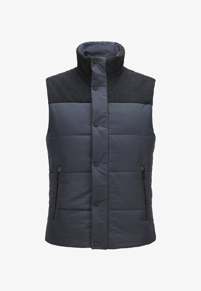 Navyblauer Steppweste mit einem gerippten dunkelgrauen Kragen, vorderen Druckknöpfen und zwei seitlichen Reißverschlusstaschen. Gepolsterte Textur über das gesamte Kleidungsstück.