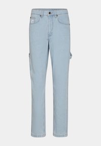 Pantalons cargo en denim bleu clair avec une coupe droite, dotés de poches latérales et d'une fermeture classique par bouton et zip.